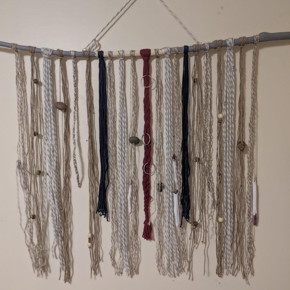 Artisan Macrame Wall Hanging with Red and Blue Highlights